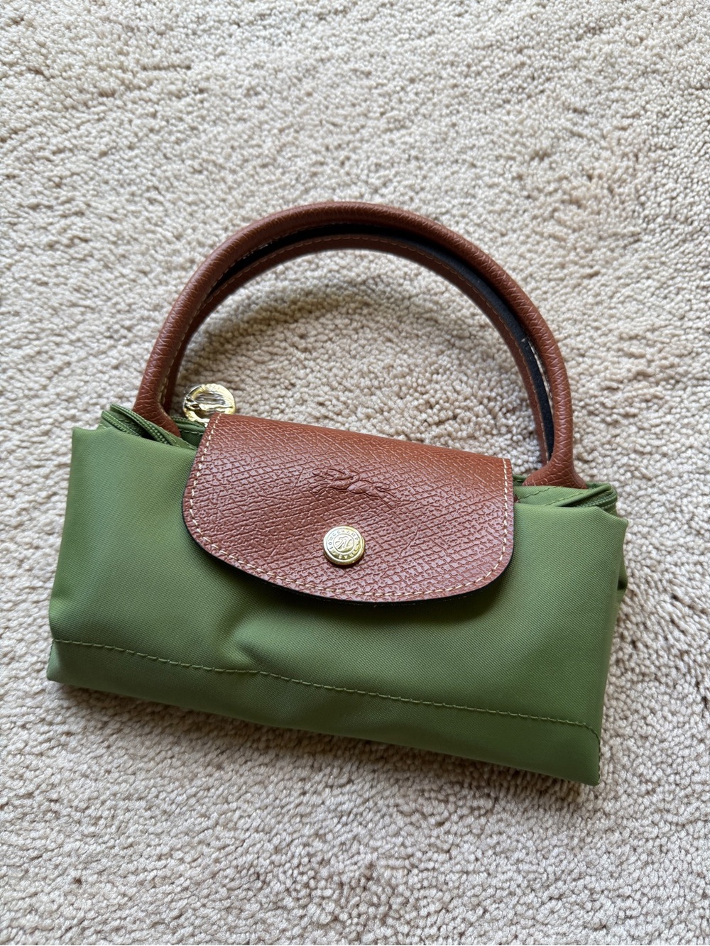 Longchamp Olive Green Mini Tote with Brown Leather Flap